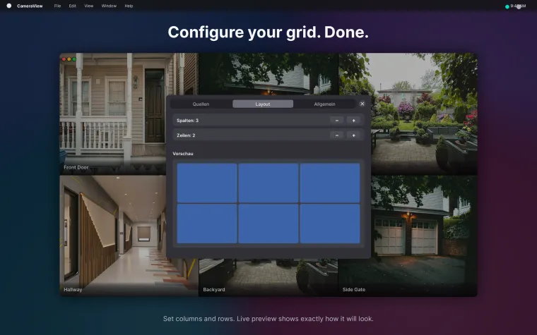 Layout tab — set columns and rows with live preview