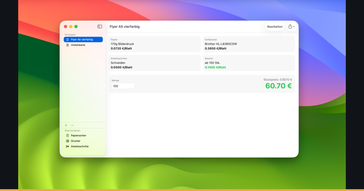 Druckkosten — calculation in the Mac app