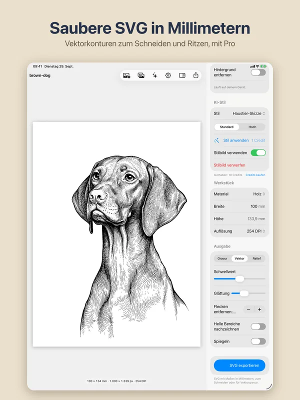 Vektorvorschau und SVG-Export in EngraveKit auf dem iPad