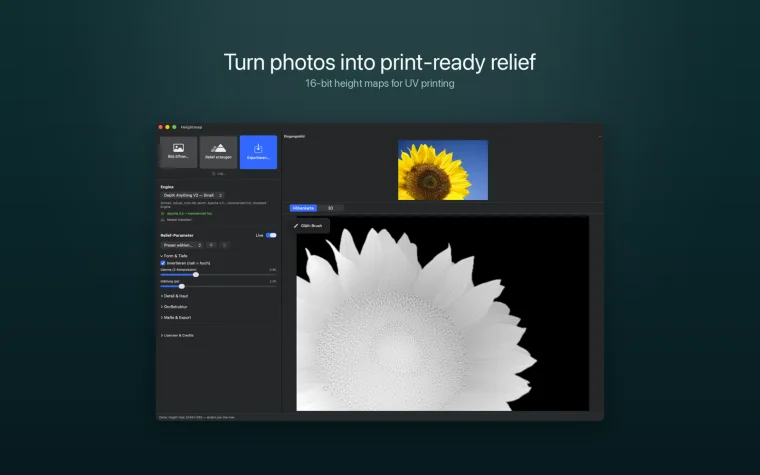 Editing a height map — a sunflower photo turned into a 16-bit grayscale relief