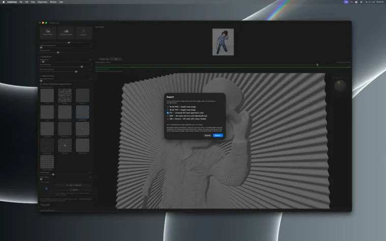 Export options — 16-bit PNG/TIFF height map or STL/3MF/OBJ mesh