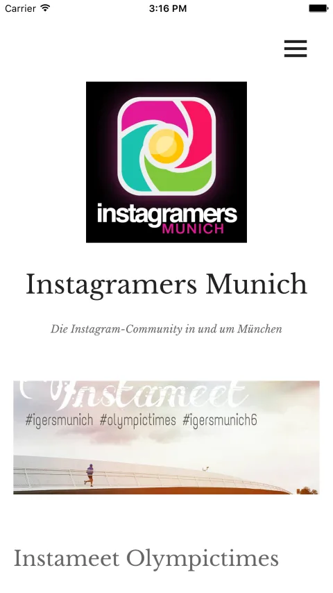 igersmunich home screen — the Instagramers Munich logo and the latest instameet