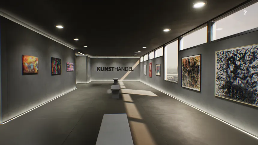 The gallery entrance with the Kunsthandel sign and paintings lining the walls