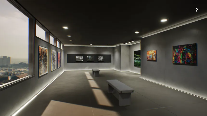 A gallery room with the city skyline through the windows and a viewing bench