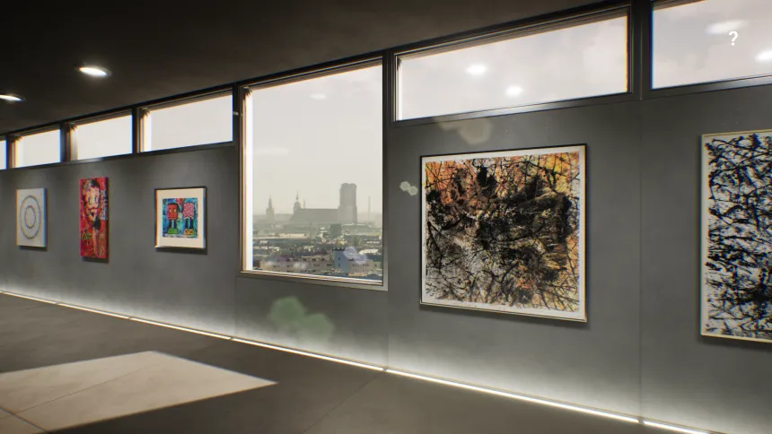 Framed paintings along a wall, the Munich skyline visible outside