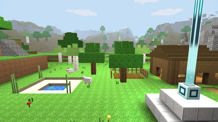 Blockworld: Wiese mit Teich und Dorf