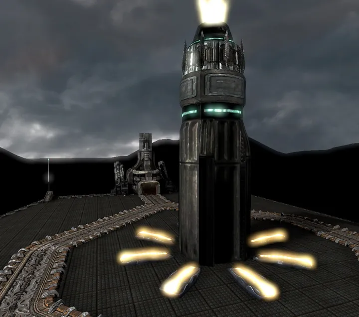 Cloudscape: dark floating platform with an illuminated tower
