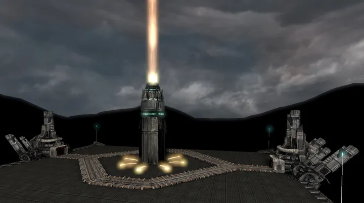 Cloudscape: wide view of the platform and its four towers