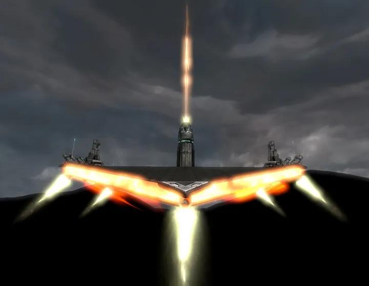 Cloudscape: illuminated outriggers against a dark sky