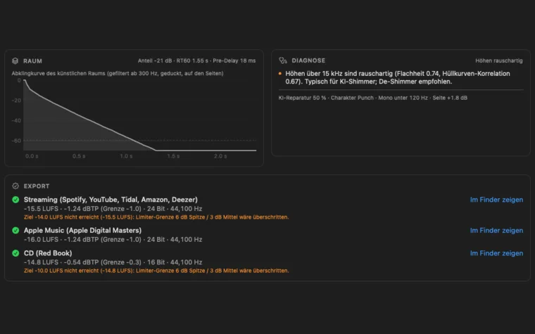 LoudnessKit-Exportbericht mit nachgemessener Lautheit und True Peak je Ausgabeziel