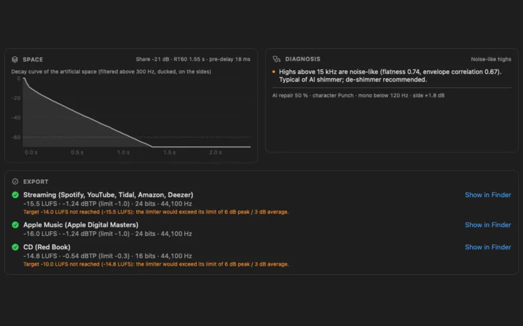 LoudnessKit export report with the re-measured loudness and true peak for each output target
