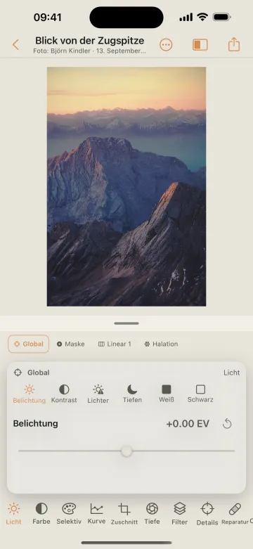 The Mobile Darkroom editor with exposure and tone controls