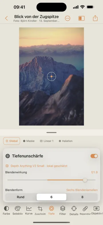 Depth-aware bokeh with aperture shape and blur on a mountain photo