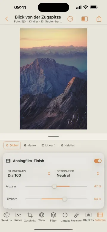 Analog film finish with grain and halation in Mobile Darkroom