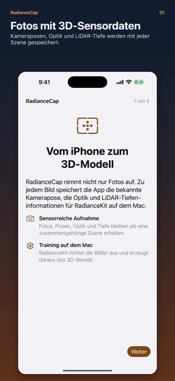 RadianceCap start screen explaining sensor-rich 3D capture