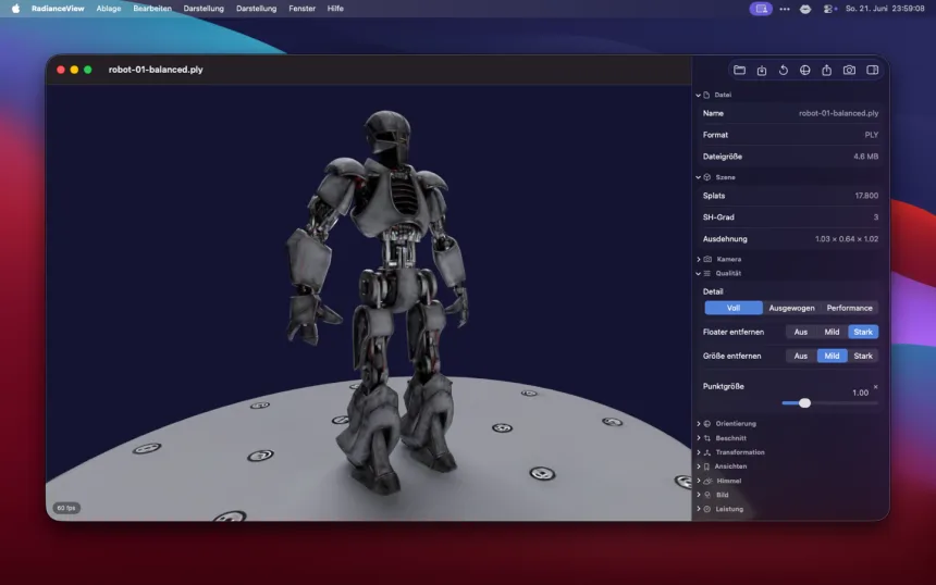 A humanoid robot captured as a 3D Gaussian splat, open in RadianceView with the inspector panel