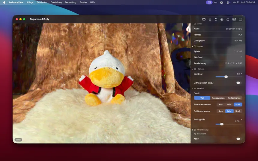 A plush-toy scene as a 3D Gaussian splat in RadianceView, with the colour-grading and inspector controls