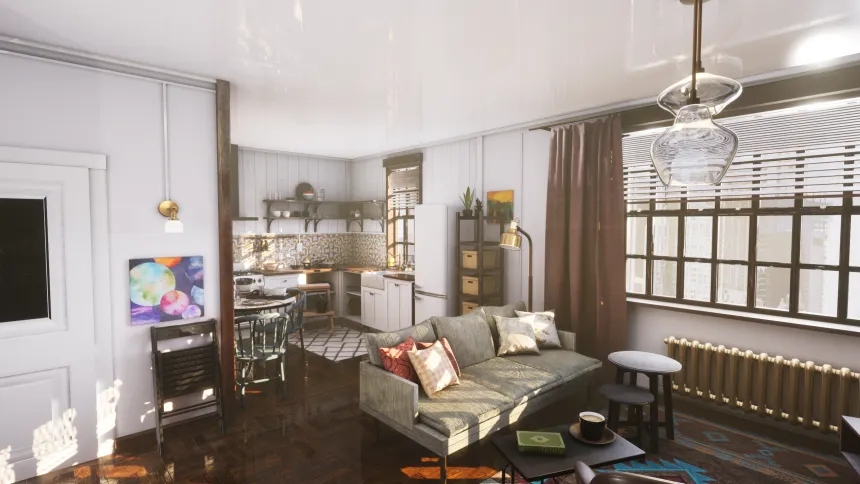 A 3D-rendered loft apartment interior — kitchen, sofa and tall windows