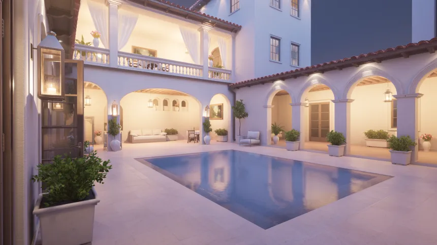 A 3D-rendered Mediterranean hotel courtyard with a pool at dusk