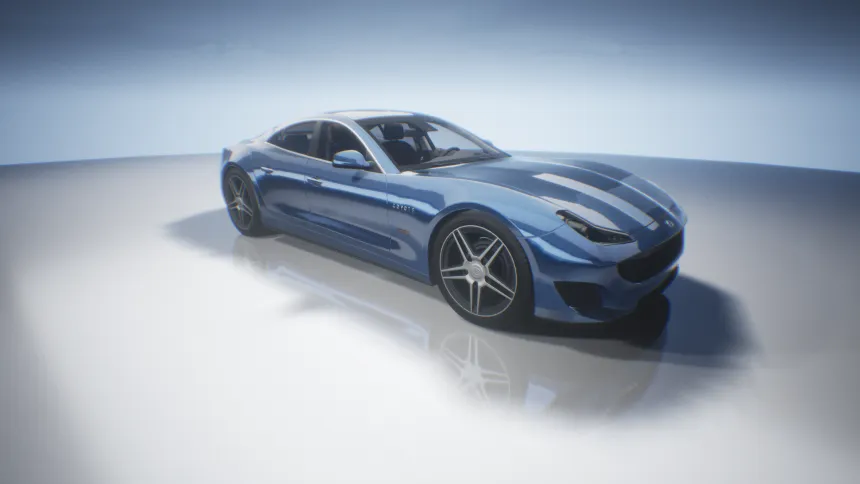 A 3D-rendered blue sports car on a studio backdrop