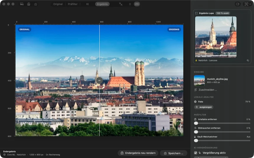 The original and result side by side with a split line in UpscaleKit